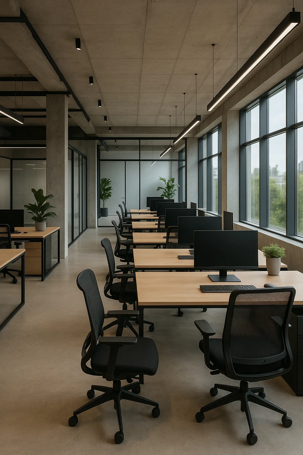Et moderne åbent kontor med ergonomiske kontorstole, skriveborde med computerskærme og store vinduer, der giver naturligt lys. Grønne planter skaber en behagelig atmosfære.
